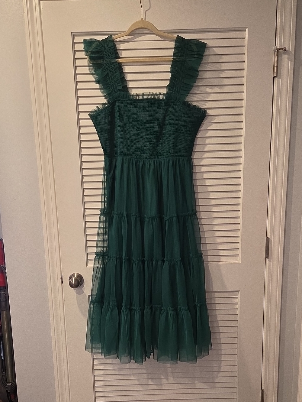 Baltic Born Deep Green Smocked Tiered Tulle Maxi Dress with Ruffle Straps